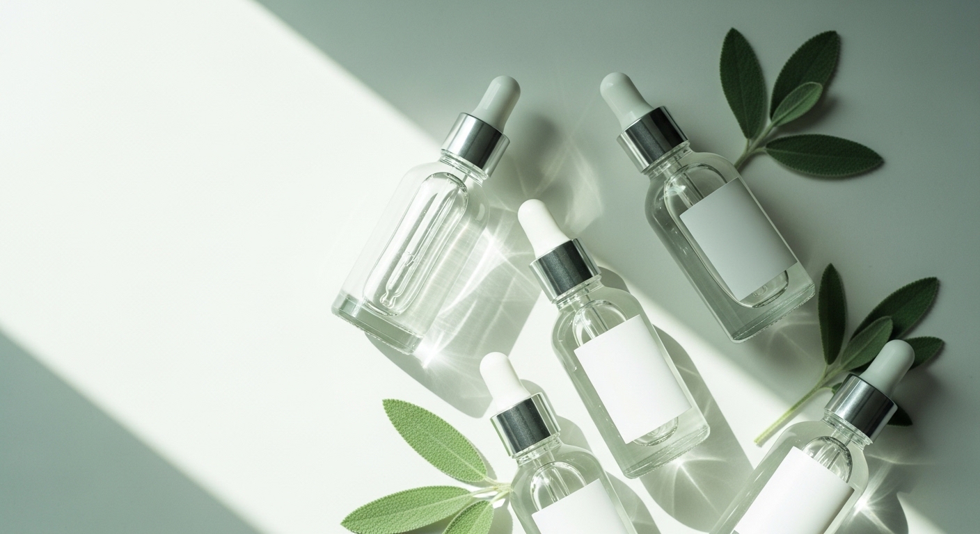 Verde Skin Lab glass serum bottles with sage botanical accents in soft natural lighting